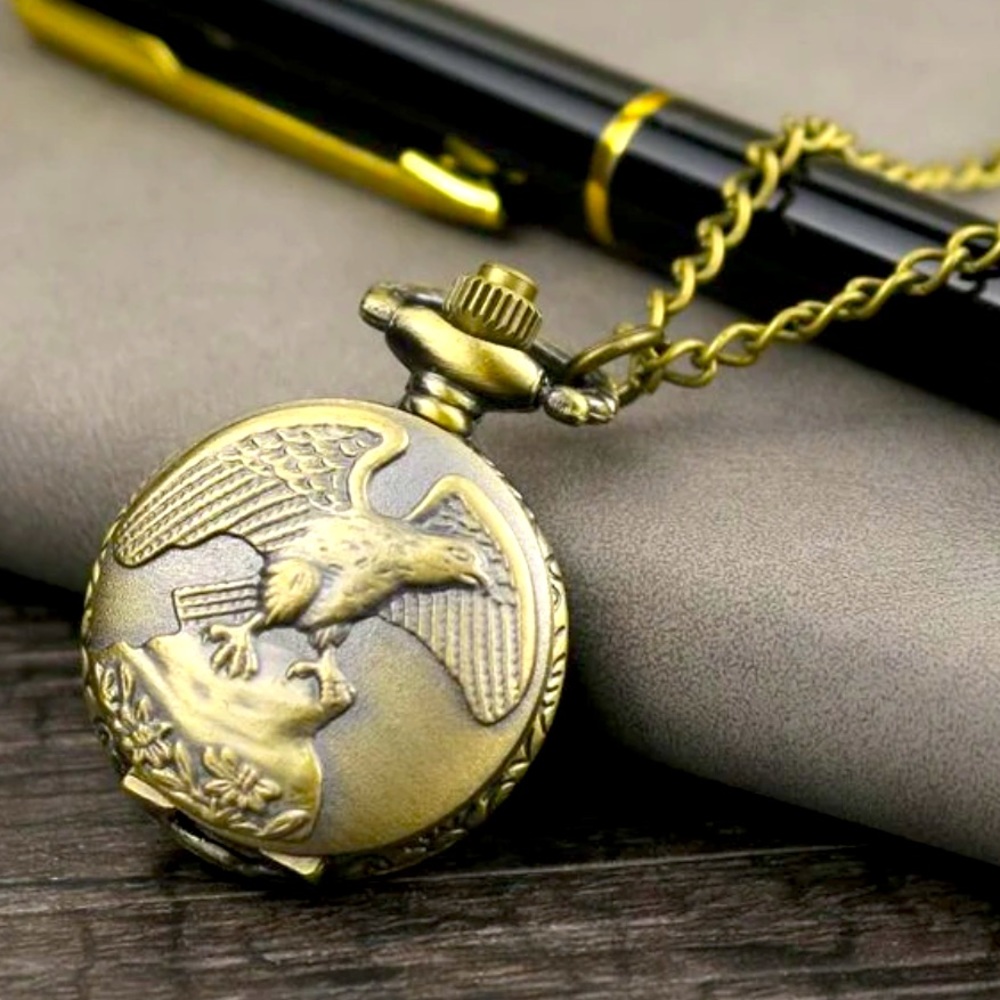 Vintage Eagle Quartz Pocket Watch Necklace